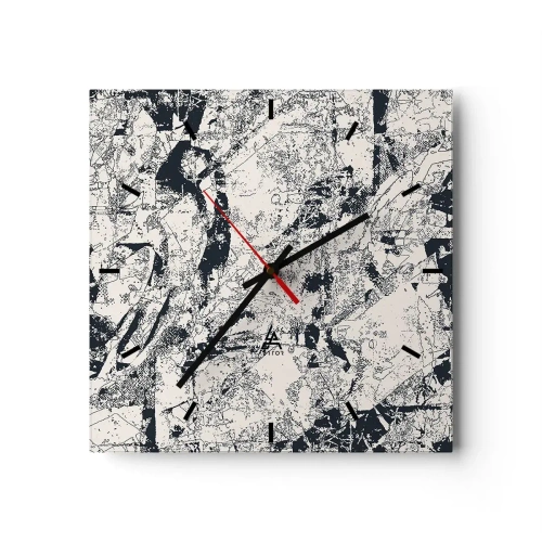 Zegar ścienny - Abstrakcyjna kompozycja w czerni i bieli z dynamicznym układem - 30x30cm - Przenikanie przeciwieństw - Nowoczesna dekoracja ścienna do salonu i sypialni ARTTOR