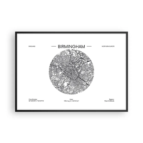 Plakat w czarnej ramie - Minimalistyczna mapa Birmingham w czarno-białej kolorystyce z precyzyjnymi detalami - 100x70cm - Anatomia Birmingham - Nowoczesna dekoracja ścienna do salonu i sypialni ARTTOR