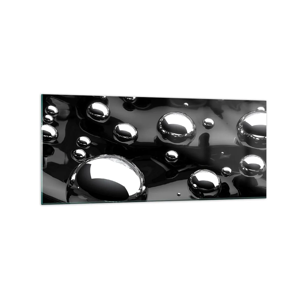Obraz na szkle - Abstrakcyjne krople na czarnej powierzchni - 120x50cm - Z czarnej toni - Nowoczesna dekoracja ścienna do salonu i sypialni ARTTOR