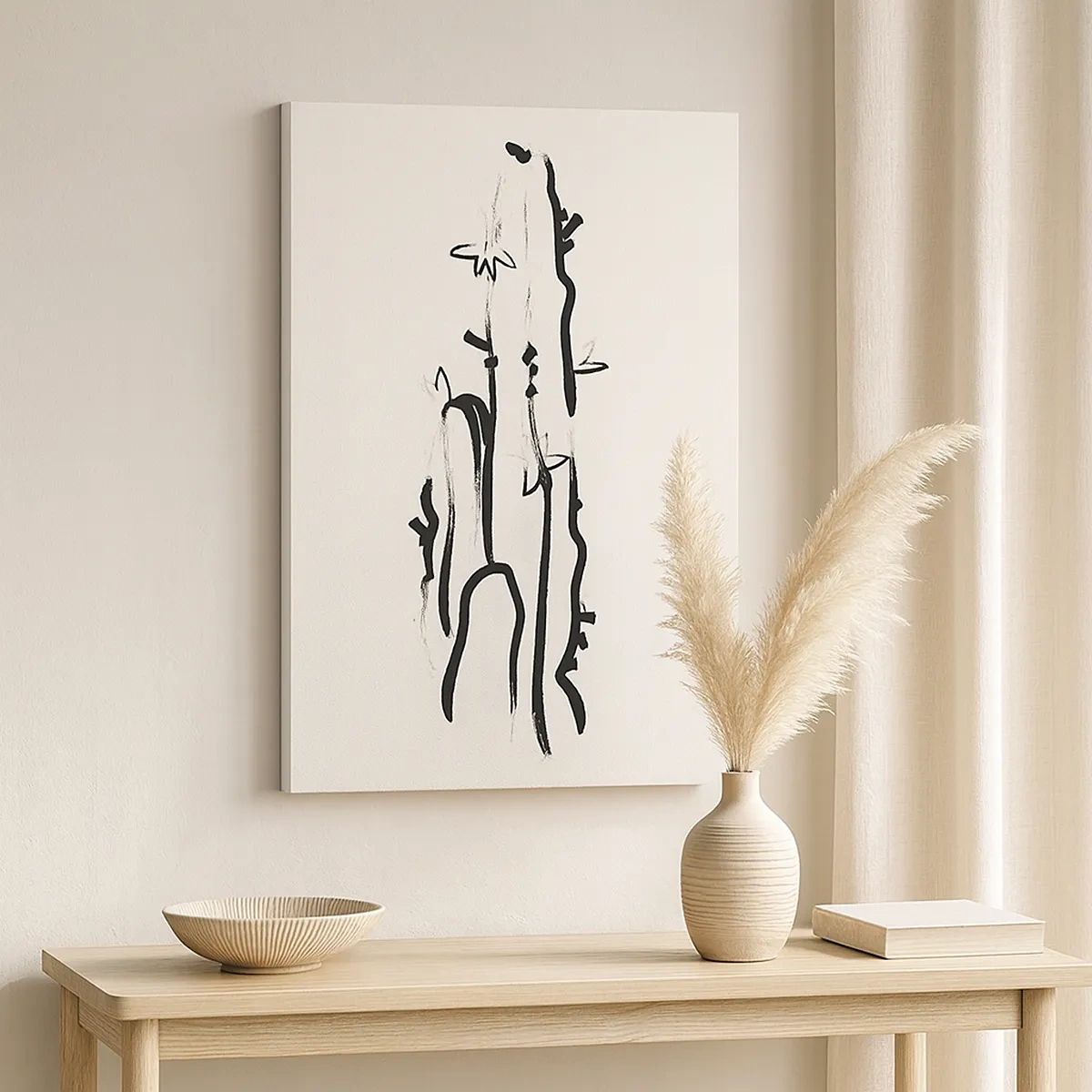 Obraz na płótnie - Czarno-biała grafika kaktusa z kwiatami w stylu line art - 50x70cm - Kwitnące zioło - Nowoczesna dekoracja ścienna do salonu, kuchni i sypialni ARTTOR