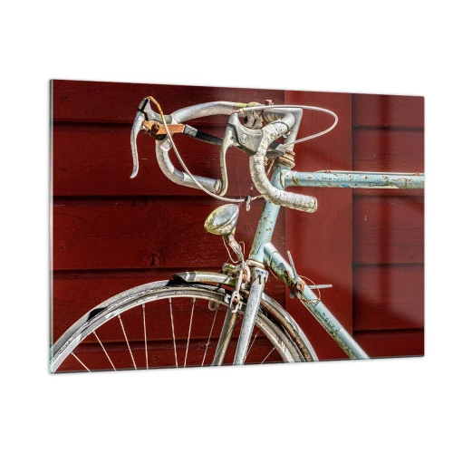 Obraz na szkle - Stary rower szosowy z lat 70. na tle czerwonej drewnianej ściany - 120x80cm - Stworzony do zwycięstw - Nowoczesna dekoracja ścienna do salonu, kuchni i sypialni ARTTOR