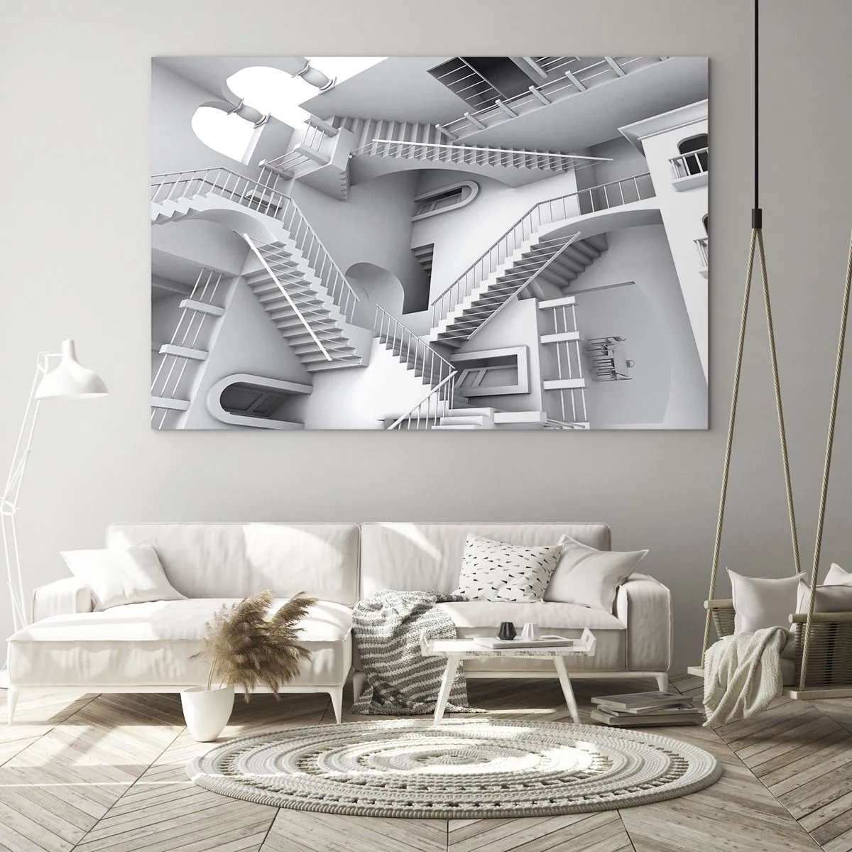 Obraz na szkle - Labirynt schodów w surrealistycznej przestrzeni - 70x50cm - Paradoksy przestrzeni - Nowoczesna dekoracja ścienna do salonu i sypialni ARTTOR