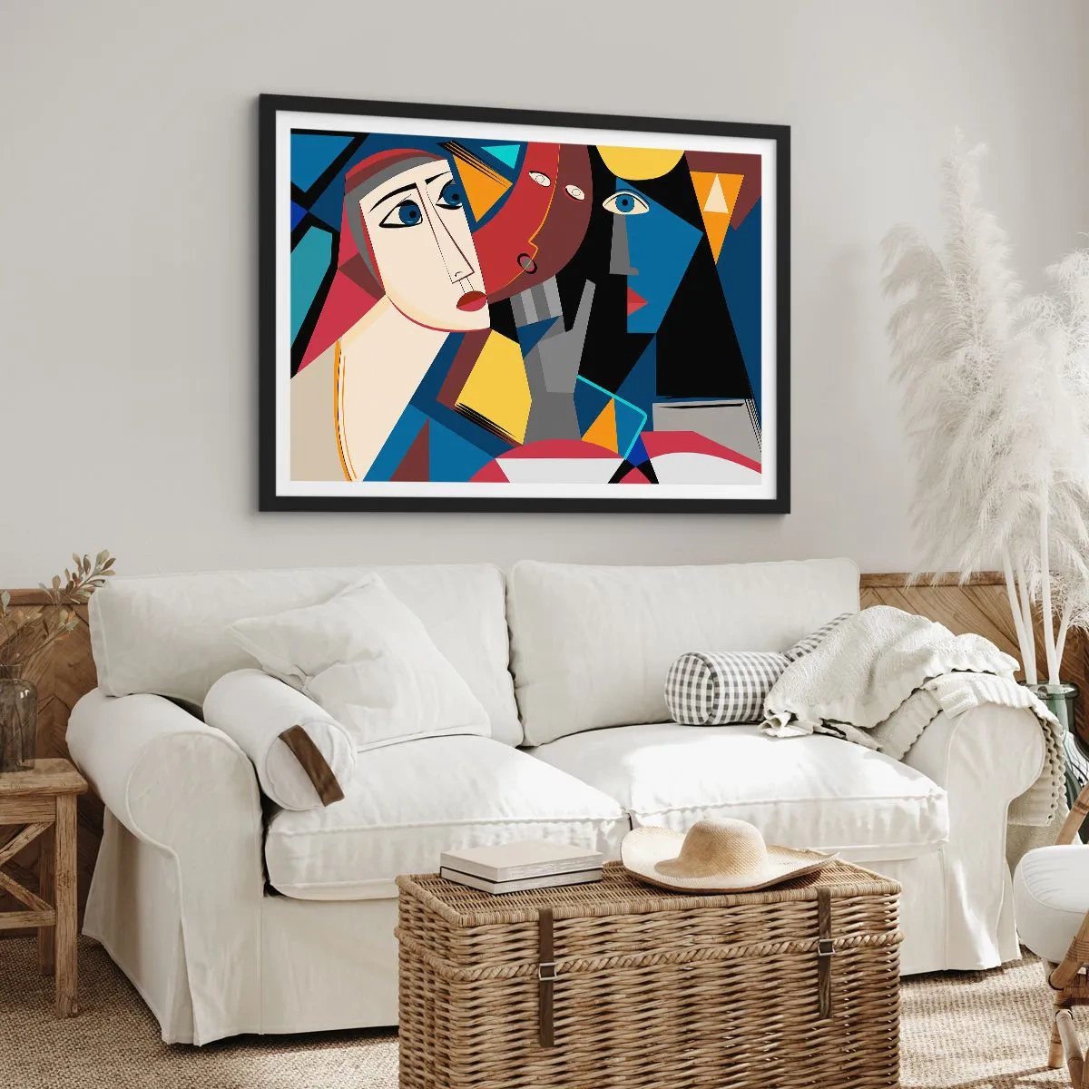 Plakat w czarnej ramie - Kubistyczne twarze w intensywnych kolorach - 70x50cm - Rozmowa kubistów - Nowoczesna dekoracja ścienna do salonu i sypialni ARTTOR