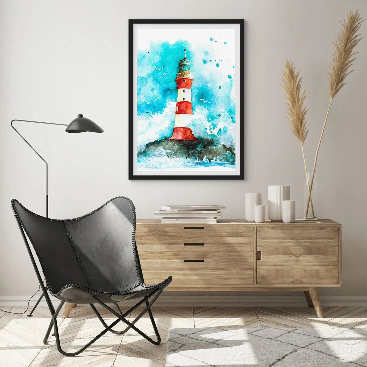 Plakat w czarnej ramie - Latarnia morska w akwarelowym stylu z morskimi falami - 50x70cm - Jedność żywiołów - Nowoczesna dekoracja ścienna do salonu i sypialni ARTTOR