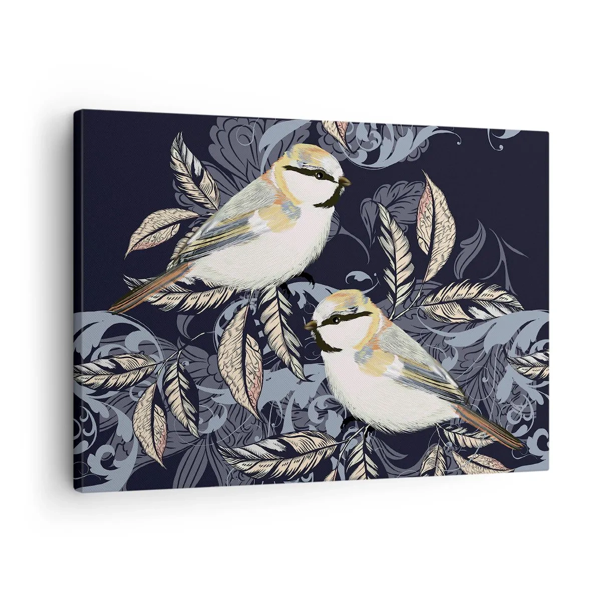 Obraz na płótnie - Ptaki na gałęziach w ornamentowym tle - 70x50cm - Żółto-błękitny trel - Nowoczesna dekoracja ścienna do salonu i sypialni ARTTOR