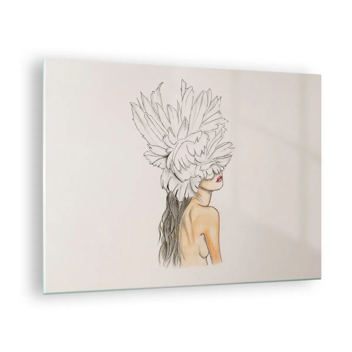 Obraz na szkle - Rysunek kobiety z długimi włosami i koroną z dużych piór - 70x50cm - Piękność ukoronowana - Nowoczesna dekoracja ścienna do salonu i sypialni ARTTOR
