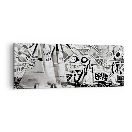 Obraz na płótnie - Abstrakcyjne żaglówki w monochromatycznej kompozycji - 140x50cm - Między falami - Nowoczesna dekoracja ścienna do salonu i sypialni ARTTOR