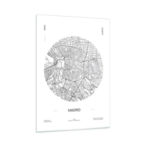 Obraz na szkle - Czarno-biała minimalistyczna mapa Madrytu w formie koła - 50x70cm - Anatomia Madrytu - Nowoczesna dekoracja ścienna do salonu, kuchni i sypialni ARTTOR