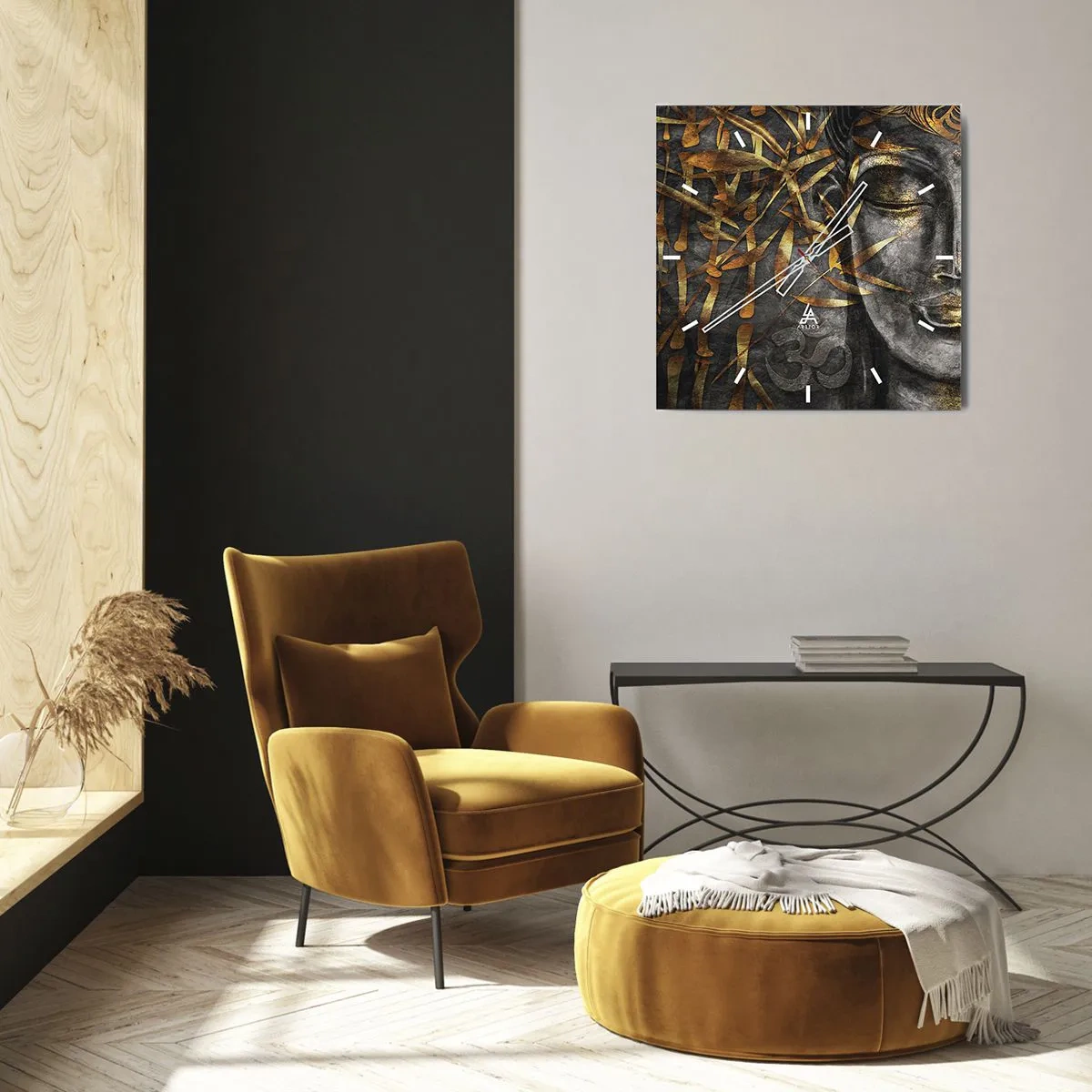 Zegar ścienny - Zen wizerunek Buddy z złotymi bambusami - 30x30cm - Poczuj spokój - Nowoczesna dekoracja ścienna do salonu i sypialni ARTTOR