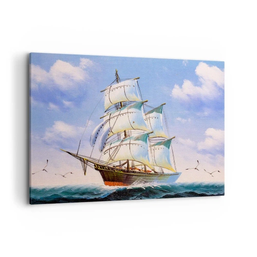 Obraz na płótnie - Żaglowiec na otwartym morzu pod błękitnym niebem - 100x70cm - Dumnie z wiatrem - Nowoczesna dekoracja ścienna do salonu, kuchni i sypialni ARTTOR
