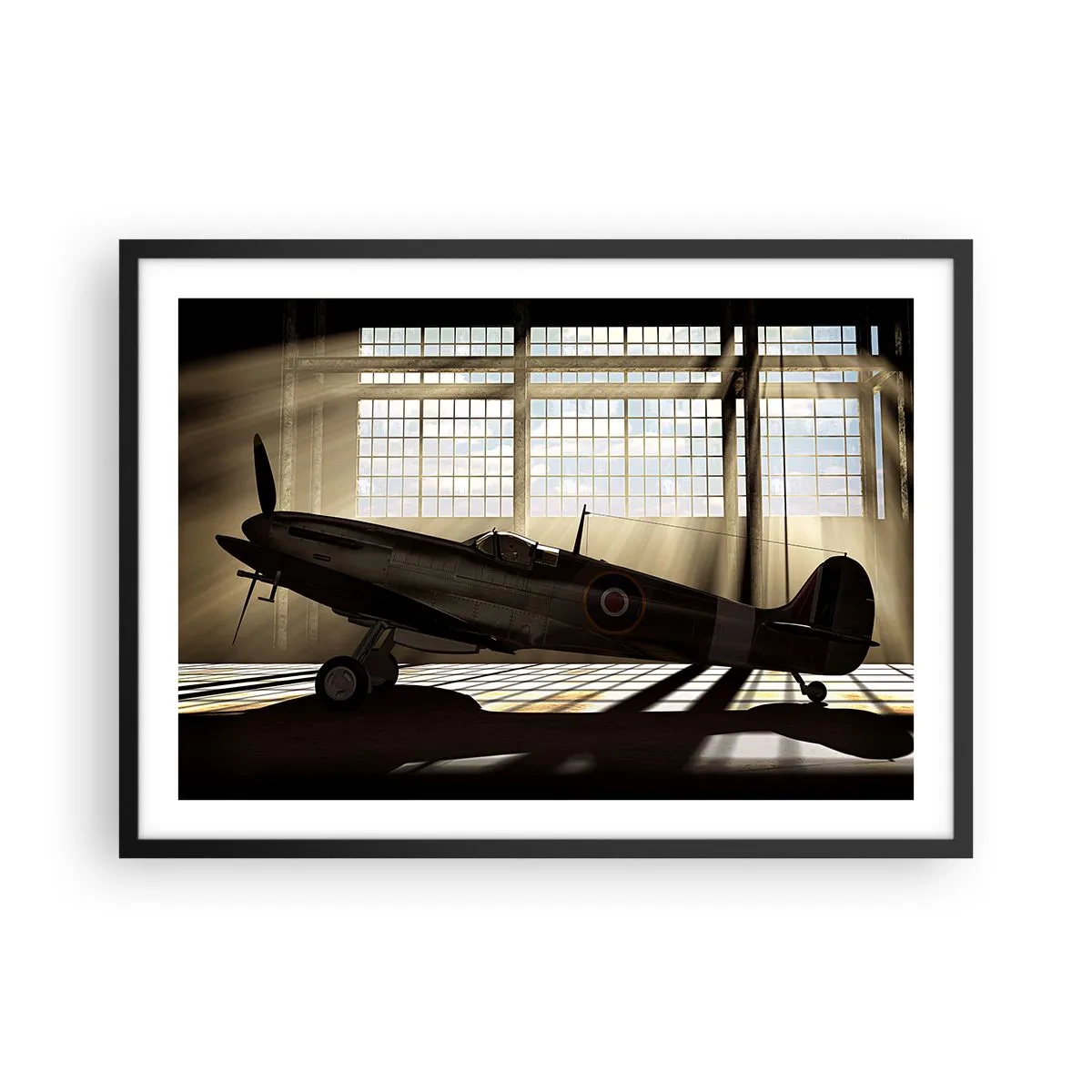 Plakat w czarnej ramie - Historyczny samolot w hangarze oświetlonym promieniami słońca - 70x50cm - Odpoczynek wojownika - Nowoczesna dekoracja ścienna do salonu i sypialni ARTTOR