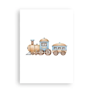 Plakat - Akwarelowy pociąg w odcieniach niebieskiego i beżu - 50x70cm - Stoi na stacji... - Nowoczesna dekoracja ścienna do salonu, kuchni i sypialni ARTTOR