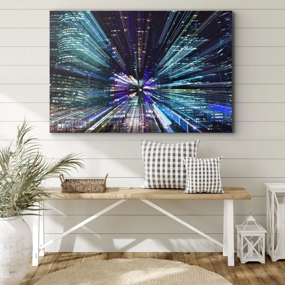 Obraz na płótnie - Dynamiczny widok miasta nocą z efektem świetlnym - 70x50cm - Przejście w nadprzestrzeń - Nowoczesna dekoracja ścienna do salonu i sypialni ARTTOR