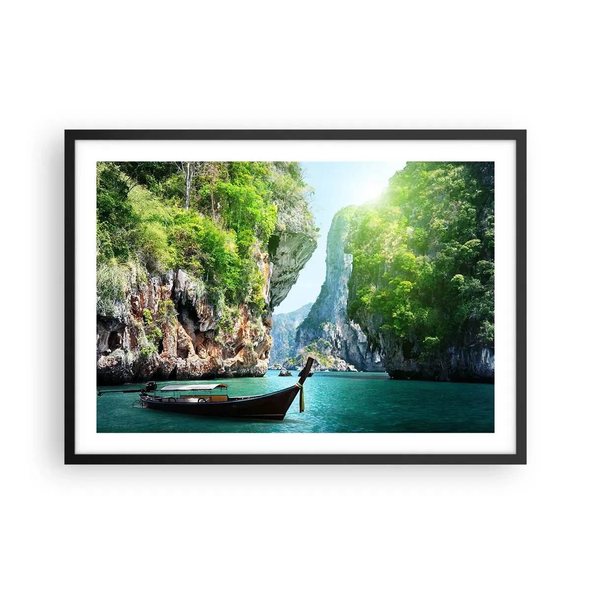 Plakat w czarnej ramie - Tradycyjna łódź na tle tropikalnych klifów i turkusowej wody - 70x50cm - Zaproszenie do egzotycznej podróży - Nowoczesna dekoracja ścienna do salonu i sypialni ARTTOR