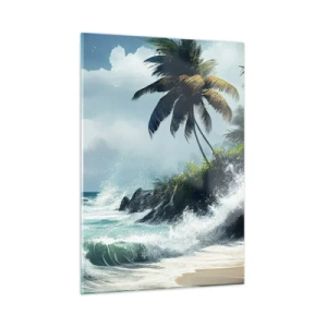 Obraz na szkle - Fale uderzające o skały przy palmach na tropikalnej plaży - 50x70cm - Na tropikalnym brzegu - Nowoczesna dekoracja ścienna do salonu, kuchni i sypialni ARTTOR