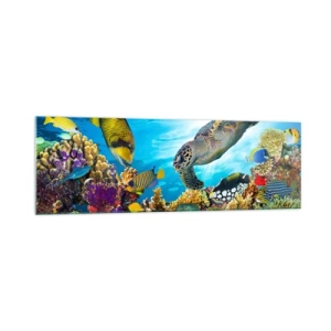 Obraz na szkle - Podwodny świat z kolorowymi rybami i żółwiem w koralowcu - 160x50cm - Koralowa promenada - Nowoczesna dekoracja ścienna do salonu i sypialni ARTTOR