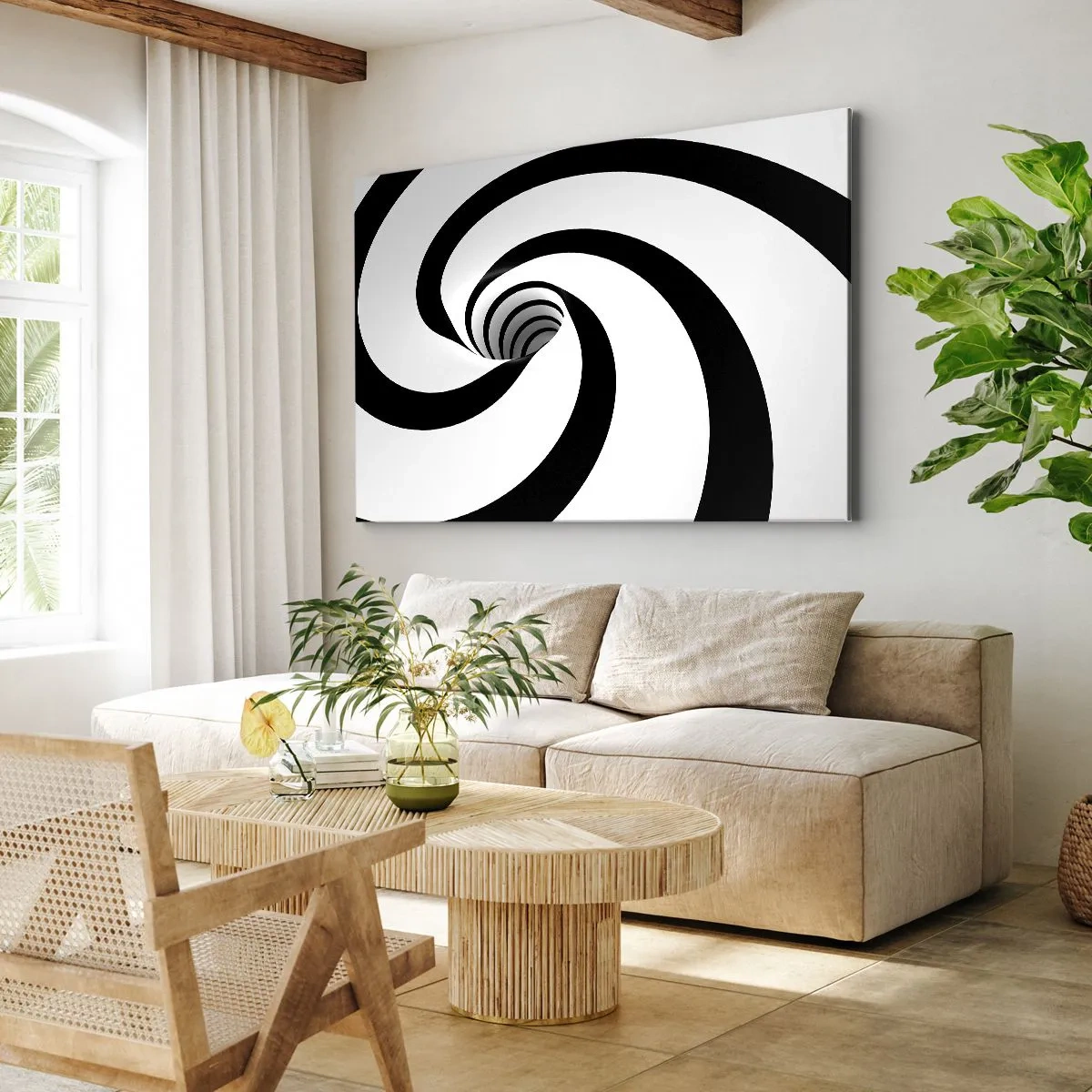 Obraz na płótnie - Abstrakcyjna czarno-biała spirala z efektem wiru - 70x50cm - Poddać się wirowi? - Nowoczesna dekoracja ścienna do salonu i sypialni ARTTOR
