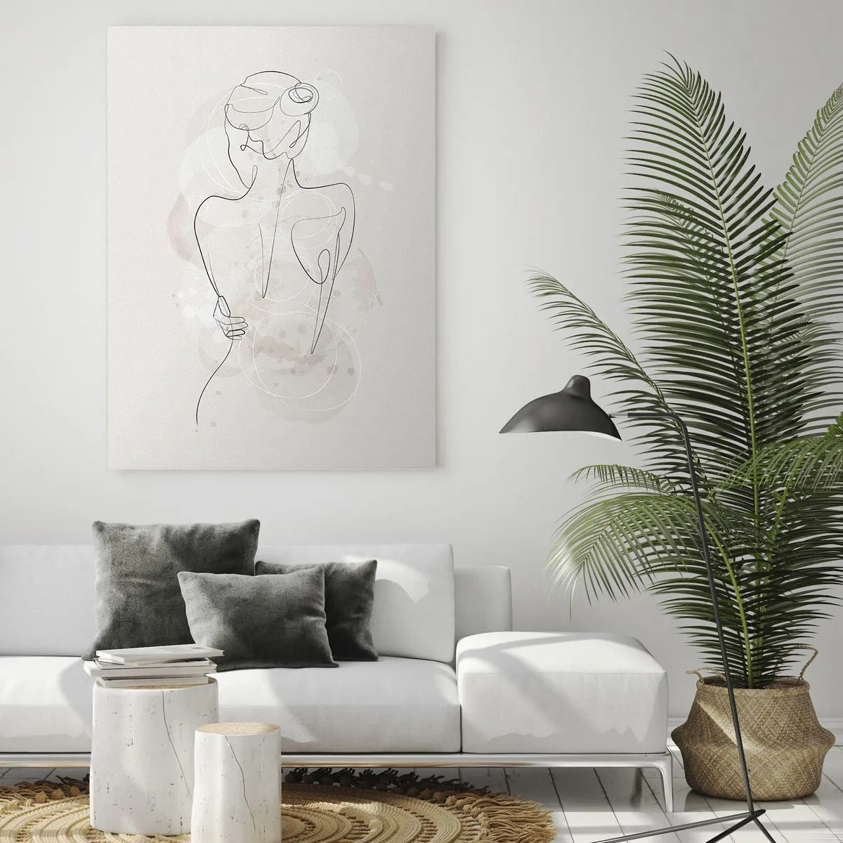 Obraz na szkle - Minimalistyczny szkic kobiecej sylwetki na jasnym tle - 70x100cm - Jak czuły instrument - Nowoczesna dekoracja ścienna do salonu i sypialni ARTTOR