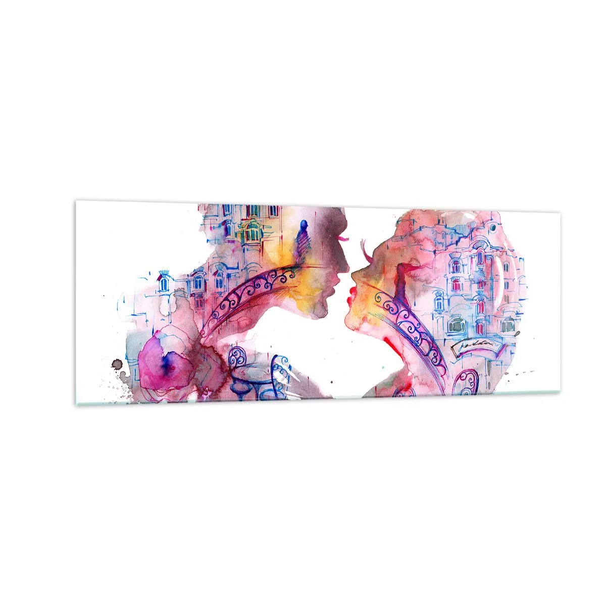 Obraz na szkle - Romantyczna akwarela przedstawiająca sylwetki zakochanych - 140x50cm - Tajemny most westchnień - Nowoczesna dekoracja ścienna do salonu i sypialni ARTTOR