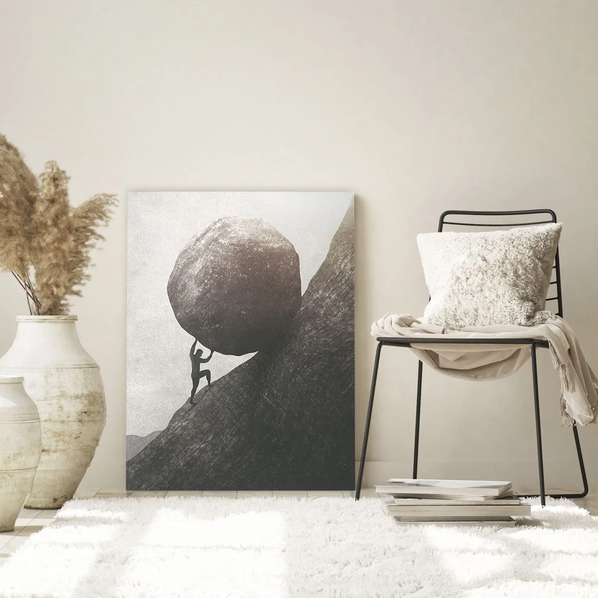 Obraz na szkle - Postać pchająca głaz pod górę na tle górskich krajobrazów - 50x70cm - Wierzę wbrew nadziei - Nowoczesna dekoracja ścienna do salonu, kuchni i sypialni ARTTOR