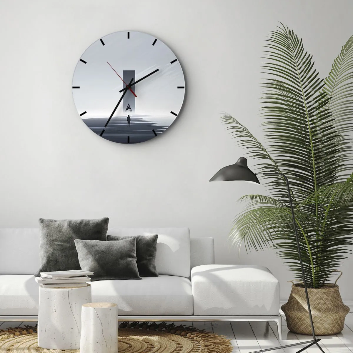 Zegar ścienny - Minimalistyczny pejzaż z postacią i geometrycznym kształtem - 30x30cm - Szansa czy zagrożenie? - Nowoczesna dekoracja ścienna do salonu, kuchni i sypialni ARTTOR