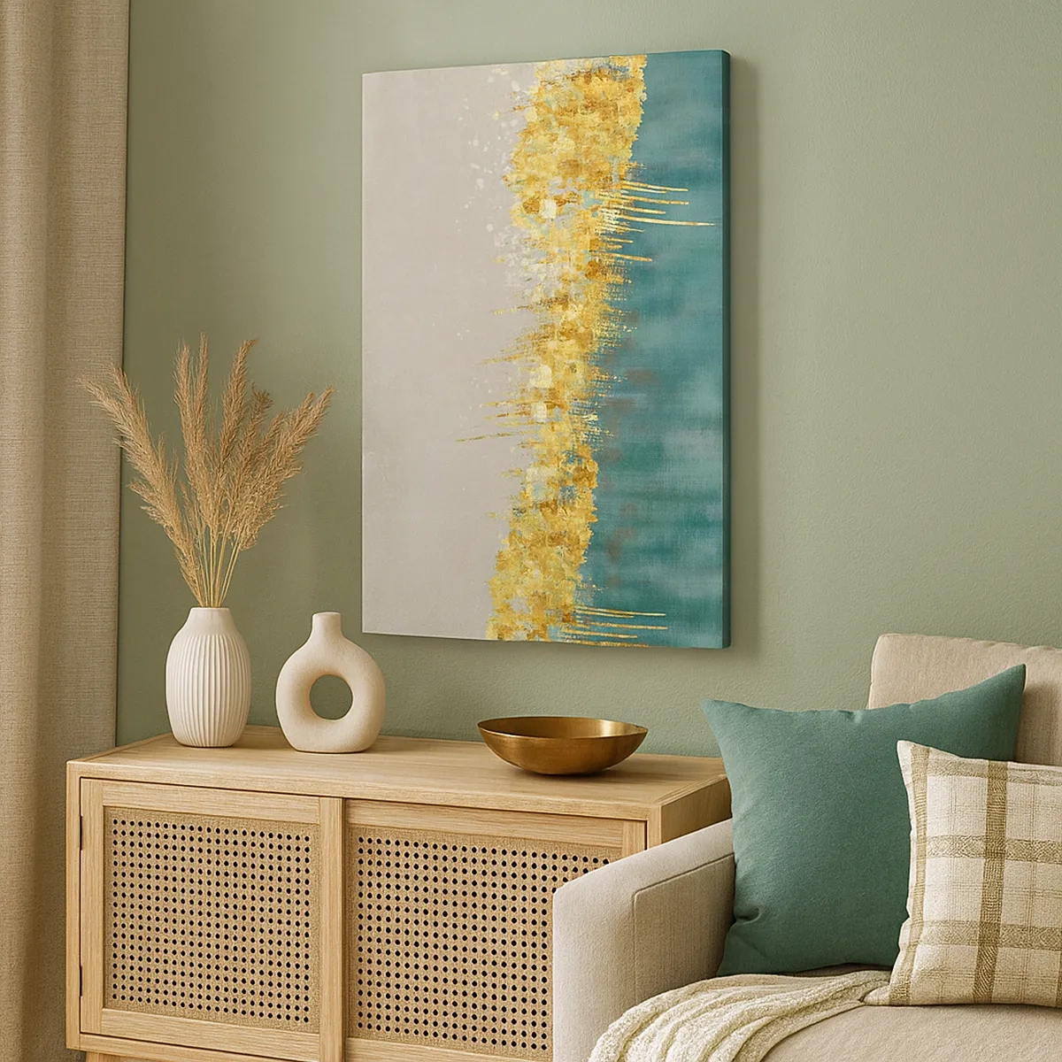 Obraz na płótnie - Abstrakcyjna kompozycja złotego akcentu na granicy dwóch kolorów - 50x70cm - Złota granica - Nowoczesna dekoracja ścienna do salonu, kuchni i sypialni ARTTOR