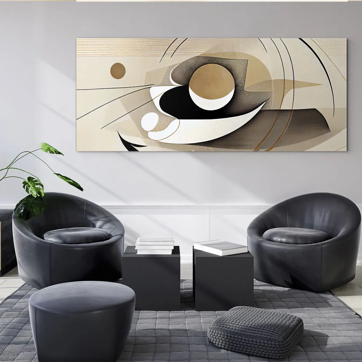 Obraz na szkle - Abstrakcyjna kompozycja w odcieniach beżu i czerni - 120x50cm - Kompozycja: istota rzeczy - Nowoczesna dekoracja ścienna do salonu i sypialni ARTTOR