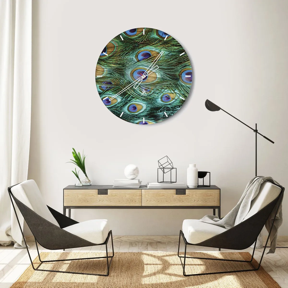 Zegar ścienny - Pawie pióra w zielono-niebieskich odcieniach - 30x30cm - Pawiookie spojrzenie - Nowoczesna dekoracja ścienna do salonu, kuchni i sypialni ARTTOR