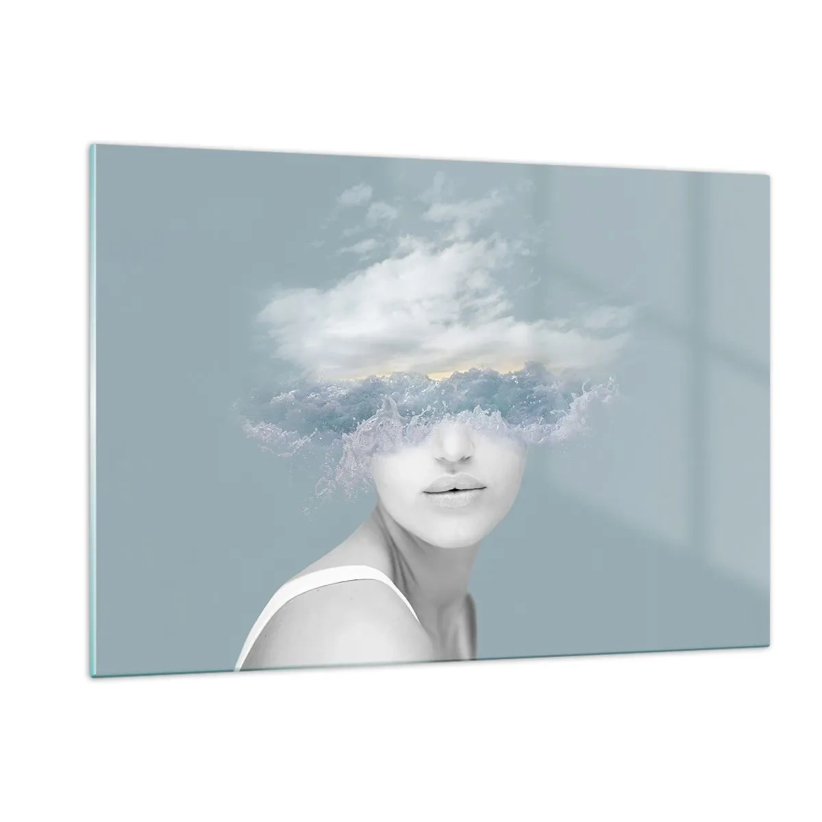 Obraz na szkle - Twarz kobiety połączona z niebem i chmurami w surrealistycznej wizji - 120x80cm - Z głową w chmurach - Nowoczesna dekoracja ścienna do salonu, kuchni i sypialni ARTTOR