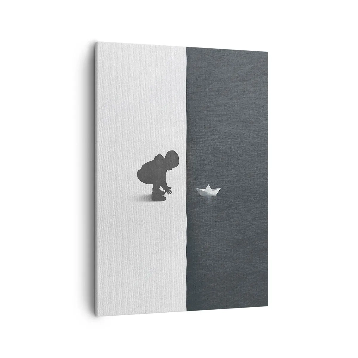 Obraz na płótnie - Minimalistyczny obraz przedstawiający dziecko puszczające papierową łódkę - 50x70cm - Wielka wyprawa - Nowoczesna dekoracja ścienna do salonu, kuchni i sypialni ARTTOR