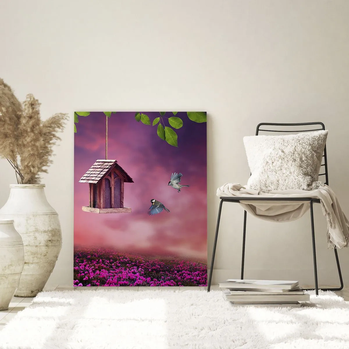 Obraz na szkle - Malowniczy krajobraz z budką dla ptaków i zachodem słońca - 80x120cm - Zaproszenie na kolację - Nowoczesna dekoracja ścienna do salonu i sypialni ARTTOR