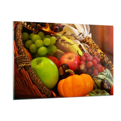 Obraz na szkle - Koszyk pełen owoców i warzyw w jesiennej aranżacji - 120x80cm - Koszyk urodzaju - Nowoczesna dekoracja ścienna do salonu, kuchni i sypialni ARTTOR