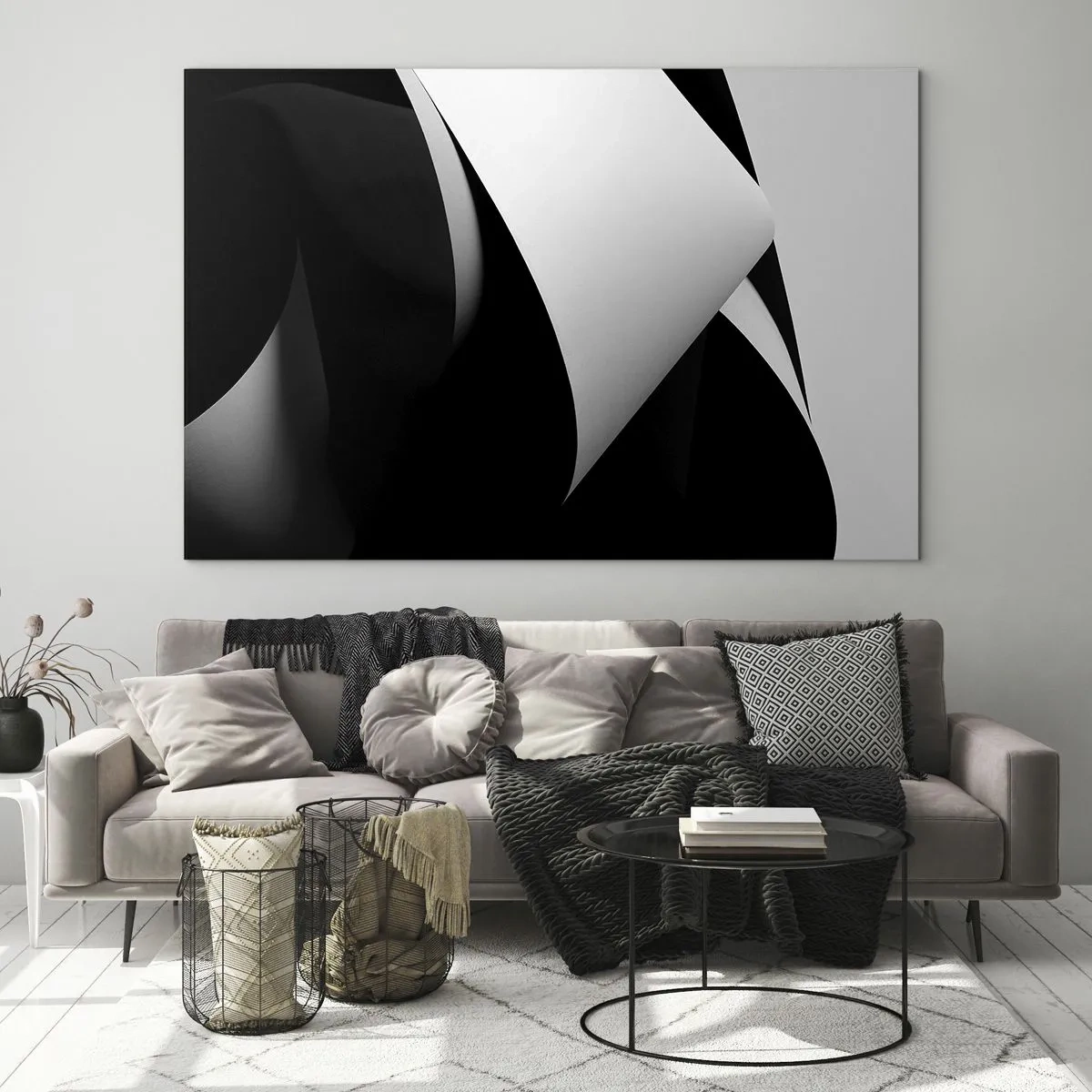 Obraz na szkle - Minimalistyczna kompozycja z płaszczyznami czerni i bieli - 70x50cm - Płaszczyzny światła z głębi cienia - Nowoczesna dekoracja ścienna do salonu i sypialni ARTTOR