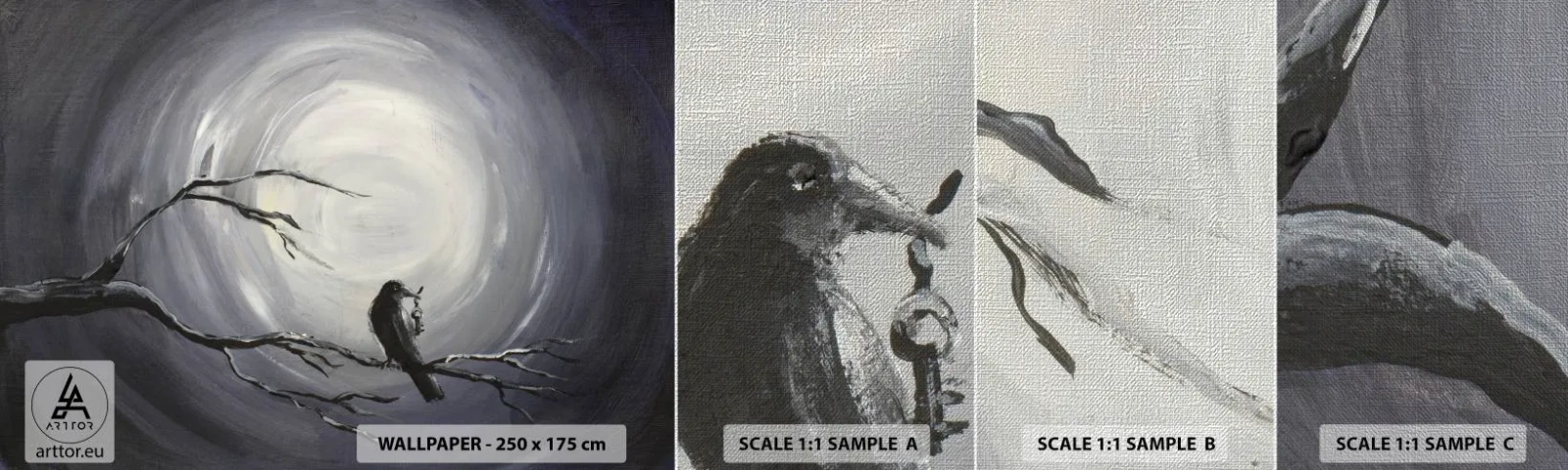 Fototapeta Próbka Premium Canvas - Klucz do tajemnicy nocy - Abstrakcja, Wrona, Ptak - 100x30 cm