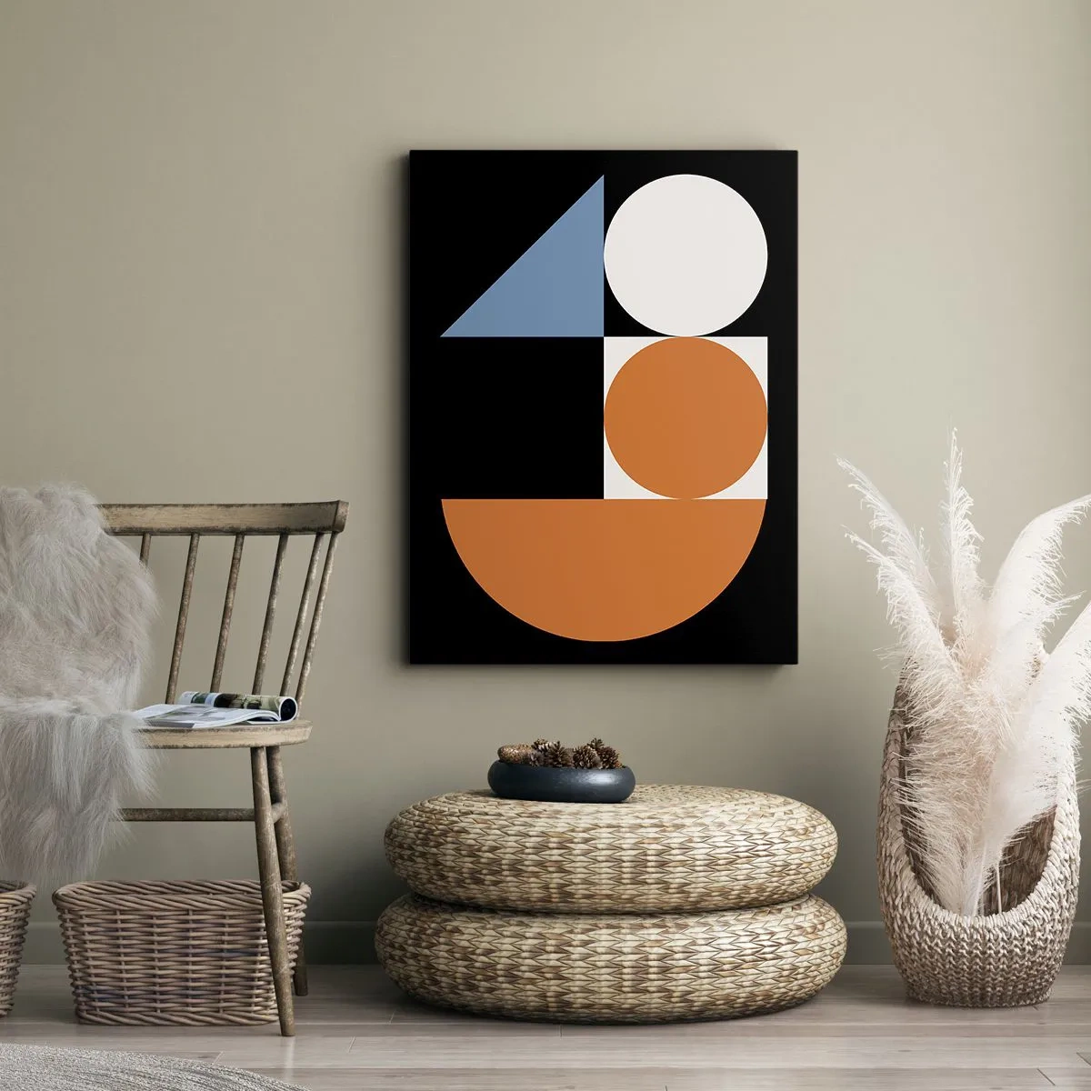 Obraz na płótnie - Kompozycja geometryczna z figurami w kolorach niebieskim, pomarańczowym i białym na czarnym tle - 50x70cm - Układ figurowy - Nowoczesna dekoracja ścienna do salonu, kuchni i sypialni ARTTOR