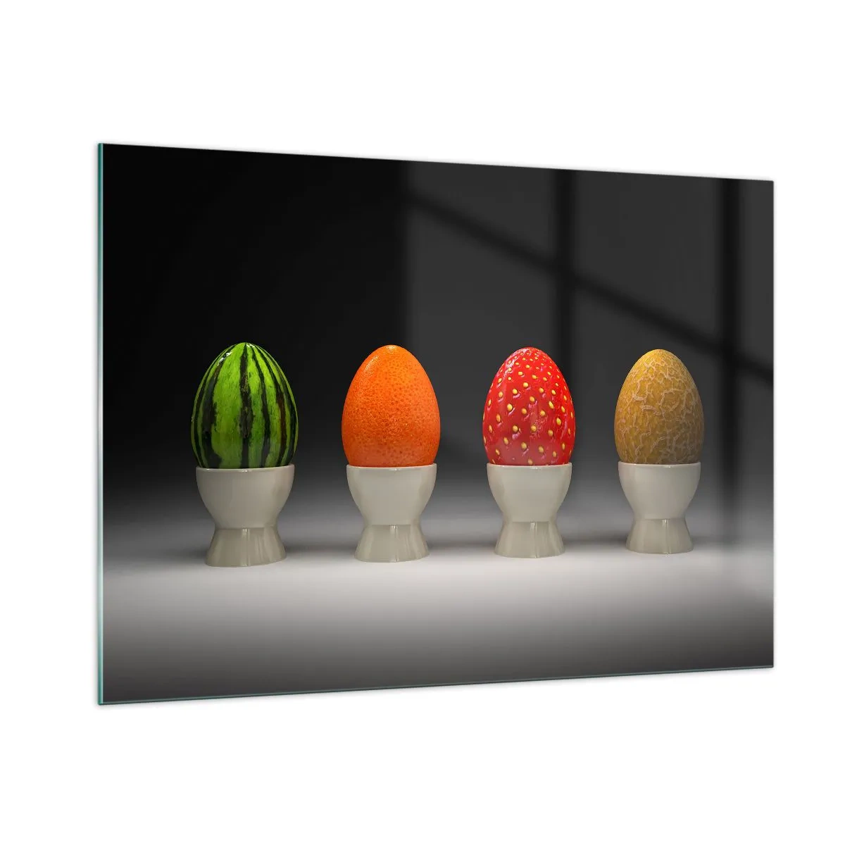 Obraz na szkle - Jaja w owocowych skorupkach na podstawce - 100x70cm - Owocowe śniadanie - Nowoczesna dekoracja ścienna do salonu, kuchni i sypialni ARTTOR