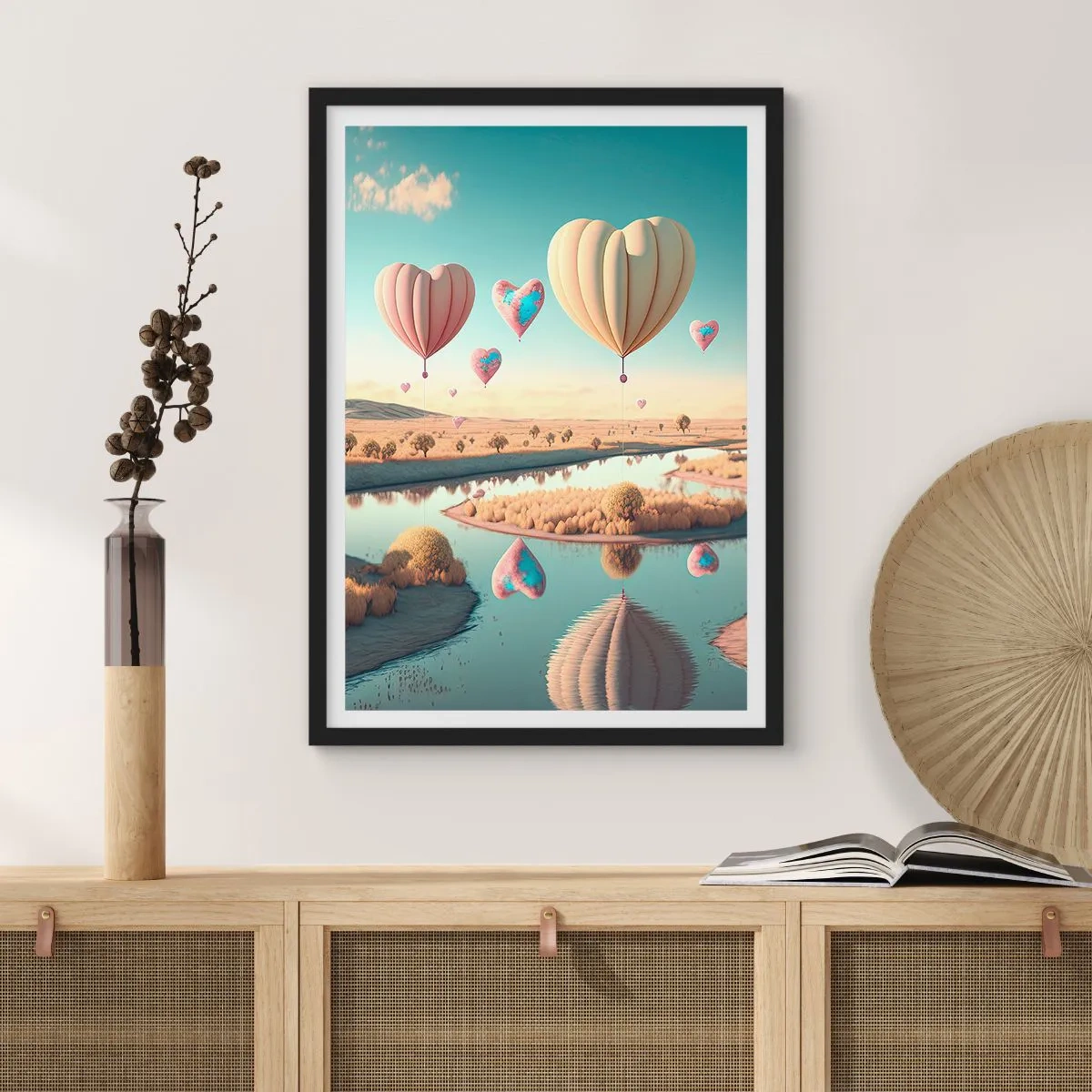Plakat w czarnej ramie - Balony w kształcie serc unoszące się nad krajobrazem - 50x70cm - Miłość pozwala wznieść się - Nowoczesna dekoracja ścienna do salonu i sypialni ARTTOR