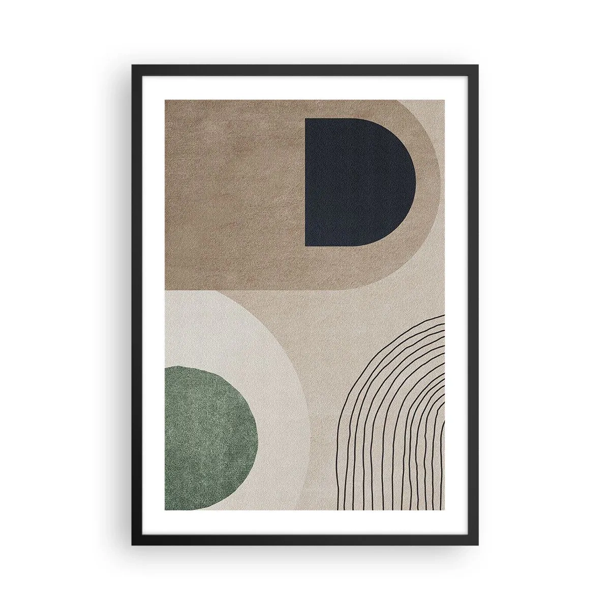 Plakat w czarnej ramie - Geometryczna abstrakcja w beżowych, zielonych i czarnych tonach - 50x70cm - Łagodność owalu - Nowoczesna dekoracja ścienna do salonu i sypialni ARTTOR