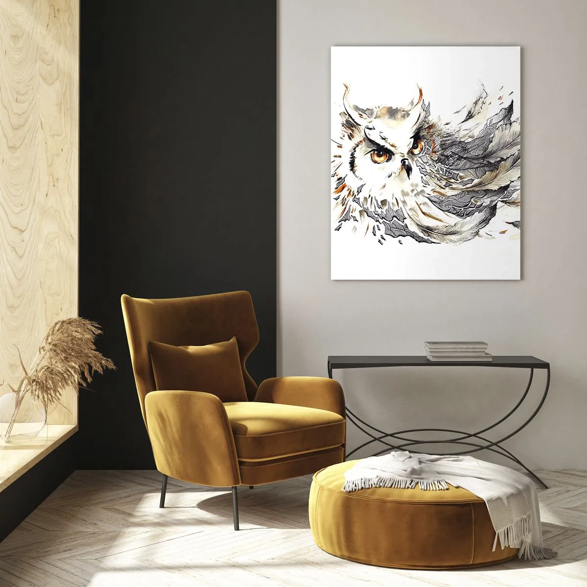Obraz na szkle - Sowa z artystycznymi piórami w odcieniach pomarańczu i szarości - 50x70cm - Przybyła ze świata magii - Nowoczesna dekoracja ścienna do salonu, kuchni i sypialni ARTTOR