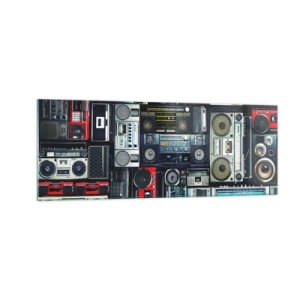 Obraz na szkle - Kolaż retro magnetofonów i głośników w stylu vintage - 140x50cm - Tęsknota za latami 80. - Nowoczesna dekoracja ścienna do salonu i sypialni ARTTOR
