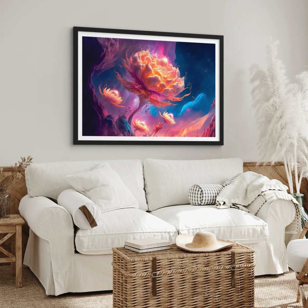 Plakat w czarnej ramie - Fantazyjne kwiaty w kosmicznym krajobrazie - 70x50cm - Inny świat - Nowoczesna dekoracja ścienna do salonu i sypialni ARTTOR