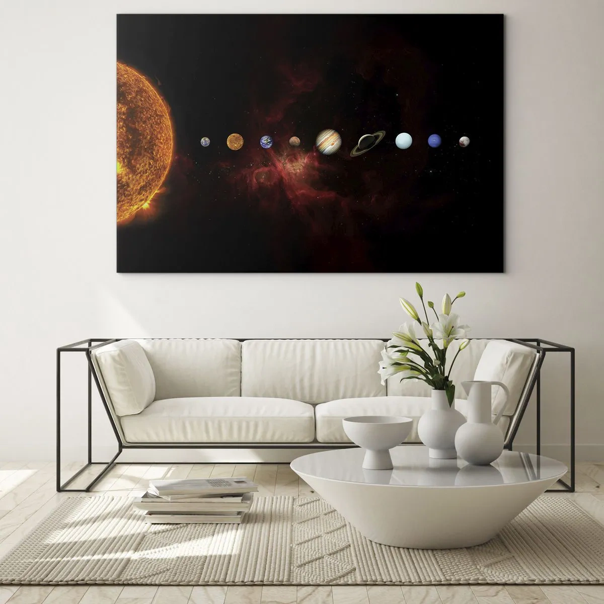 Obraz na szkle - Układ planetarny z Słońcem na czarnym tle - 100x70cm - Nasza okolica - Nowoczesna dekoracja ścienna do salonu, kuchni i sypialni ARTTOR