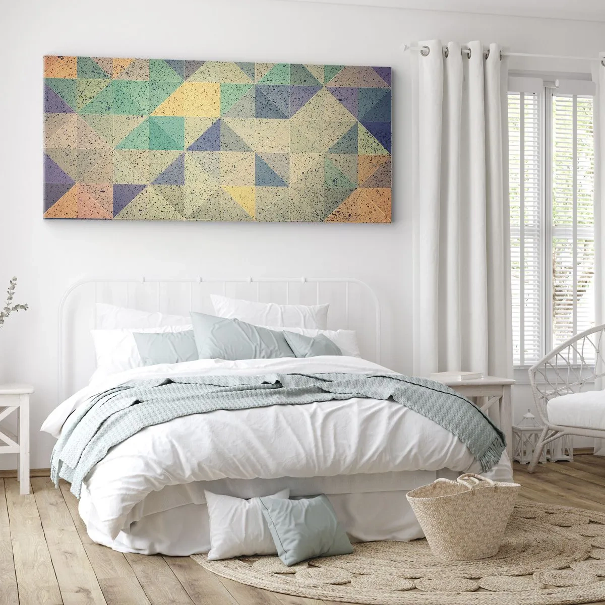 Obraz na płótnie - Kolorowa kompozycja geometrycznych trójkątów w pastelowych odcieniach - 120x50cm - Republika trójkątów - Nowoczesna dekoracja ścienna do salonu i sypialni ARTTOR