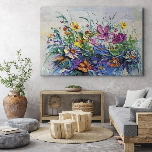 Obraz na płótnie - Wcale nie-martwa natura - Kolorowy bukiet kwiatów namalowany techniką impasto - 70x50cm