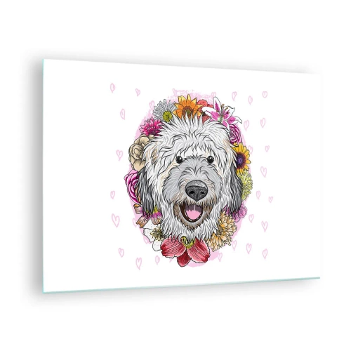 Obraz na szkle - Ilustracja przedstawiająca psa w otoczeniu kwiatów - 70x50cm - Szczenięca radość - Nowoczesna dekoracja ścienna do salonu i sypialni ARTTOR