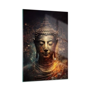 Obraz na szkle - Złota postać Buddy na ciemnym tle z ornamentami - 50x70cm - Duchowa równowaga - Nowoczesna dekoracja ścienna do salonu, kuchni i sypialni ARTTOR