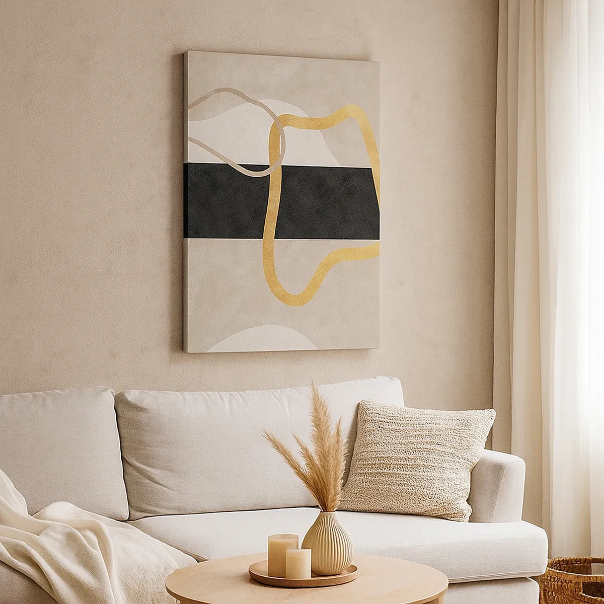 Obraz na płótnie - Minimalistyczna abstrakcja w odcieniach beżu, czerni i złota - 50x70cm - Kształty zapętlone - Nowoczesna dekoracja ścienna do salonu, kuchni i sypialni ARTTOR
