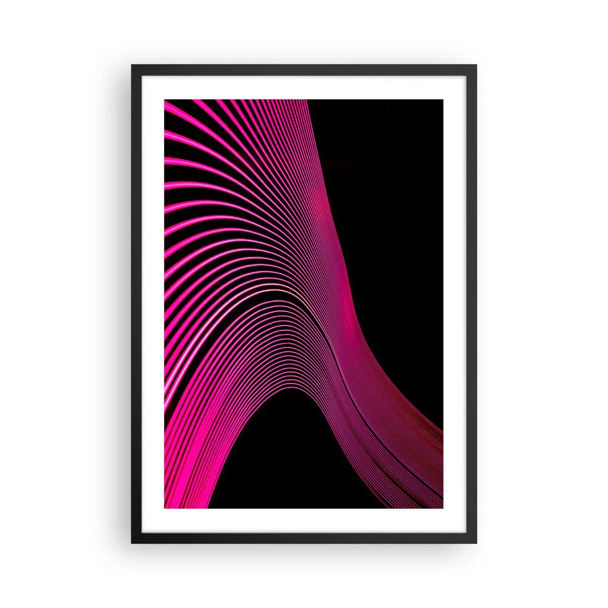 Plakat w czarnej ramie - Dynamiczne różowe linie na czarnym tle - 50x70cm - Aleja światła - Nowoczesna dekoracja ścienna do salonu i sypialni ARTTOR