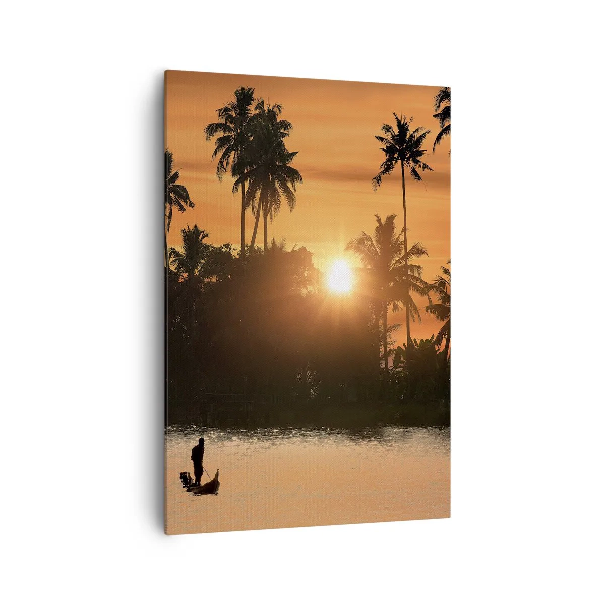 Obraz na płótnie - Zachód słońca nad palmami i spokojnym jeziorem z łódką - 70x100cm - Czas na odpoczynek - Nowoczesna dekoracja ścienna do salonu i sypialni ARTTOR