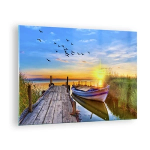 Obraz na szkle - Drewniany pomost nad jeziorem z łódką o wschodzie słońca - 70x50cm - Do widzenia, do jutra - Nowoczesna dekoracja ścienna do salonu i sypialni ARTTOR